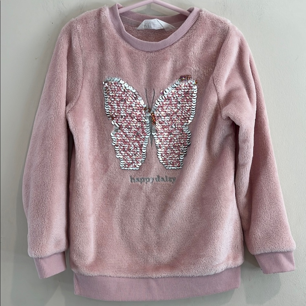 H&M Girls Pink Sequin Butterfly Kids Sweatshirt Size 4-6 - Picture 1 of 7